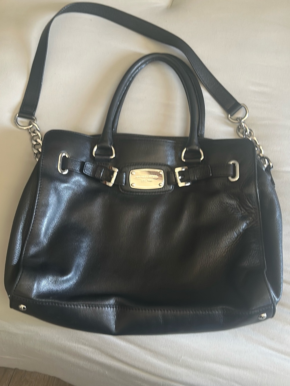 Michael Kors Black Pebbled Leather Hamilton‎ Belted Satchel Silver Hardware Bag